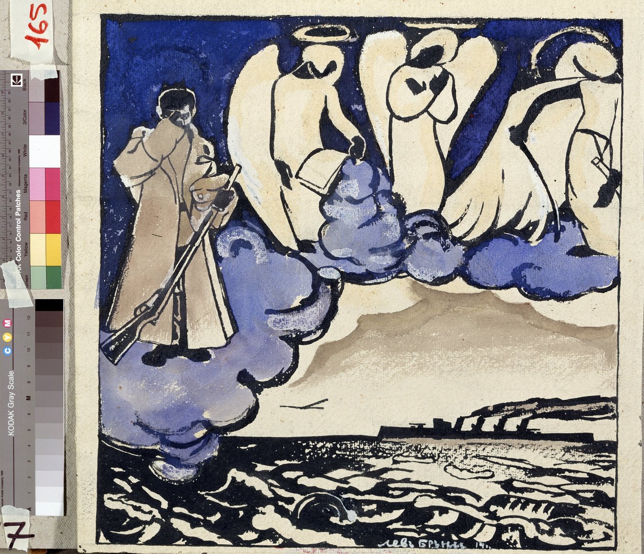 ""Krigen. Rusland. 1914"" Allegori om Første Verdenskrig. En soldat og engle. Pen og gouache af Lev Bruni (1894-1948) 1914 Statens Museum for Historie, Arkitektur og Kunst, Rybinsk, Rusland af Lev Aleksandrovitc Bruni