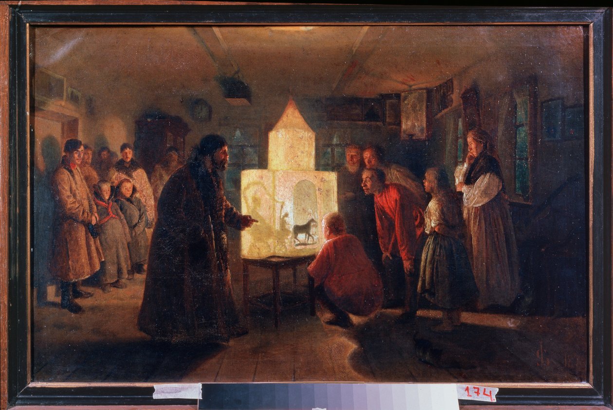 The Magic Lantern in a Peasant House - Maleri af Lev Grigorievich Solovyev (1837-1919), olie på lærred af Lev Grigoryevich Solovyev