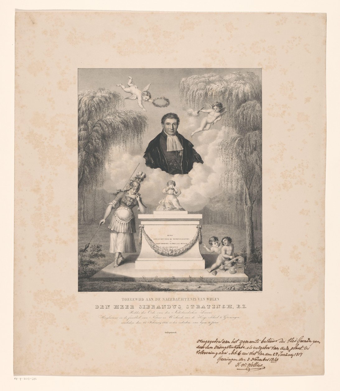 Portræt af Sibrandus Stratingh Dedikeret til minde om afdøde hr. Sibrandus Stratingh, E.Z. (titel på objekt) af Levi Michiel Bendix