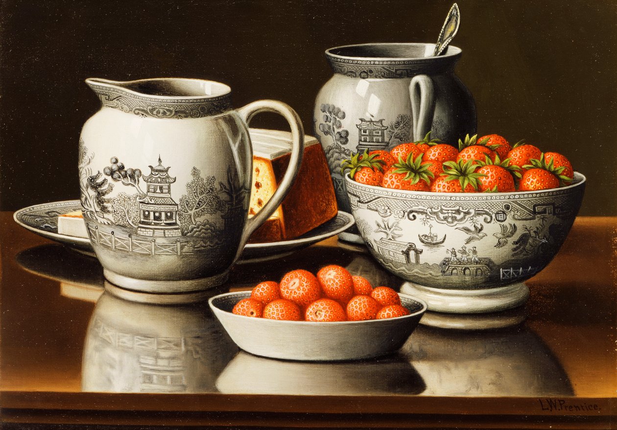 Stilleben med porcelæn og jordbær af Levi Wells Prentice
