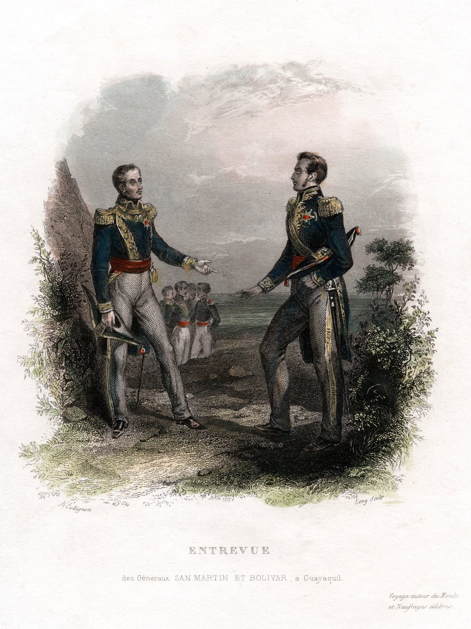Møde mellem generalerne San Martin og Bolivar, Guayaquil, Ecuador, 1822, 1800-tallet. af Levy