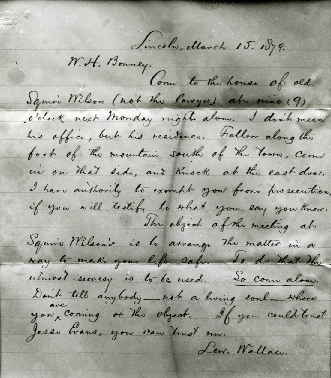 Brev fra Lew Wallace til W. H. Bonney (1860-81) 15. marts 1879 af Lew Wallace