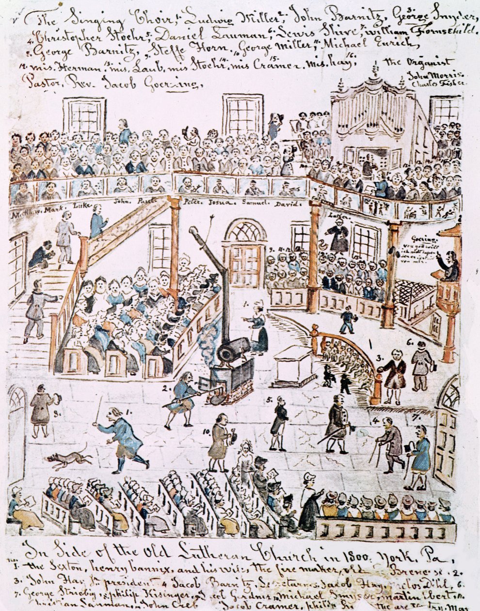 Inde i den gamle lutherske kirke, York County, 1800 af Lewis Miller
