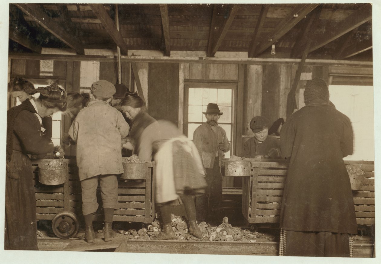 10-årige Mike Murphy, 7-årige Annie Healy og 10-årige Ross Healy (som har arbejdet i 2 år) i skurvognen ved Alabama Canning Co, Bayou La Batre, Alabama, 1911 af Lewis Wickes Hine