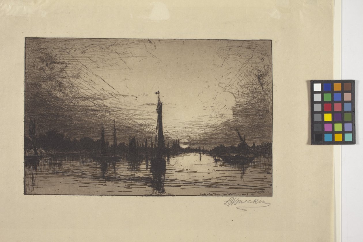 Solnedgang ved Rhinen nær Köln (radering) af Lewis Henry Meakin