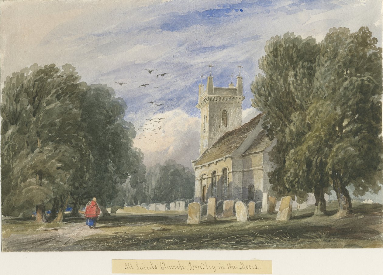 Bradley-in-the-Moors Church: akvarelmaleri og [c 1830-1840] af Lewis John Wood