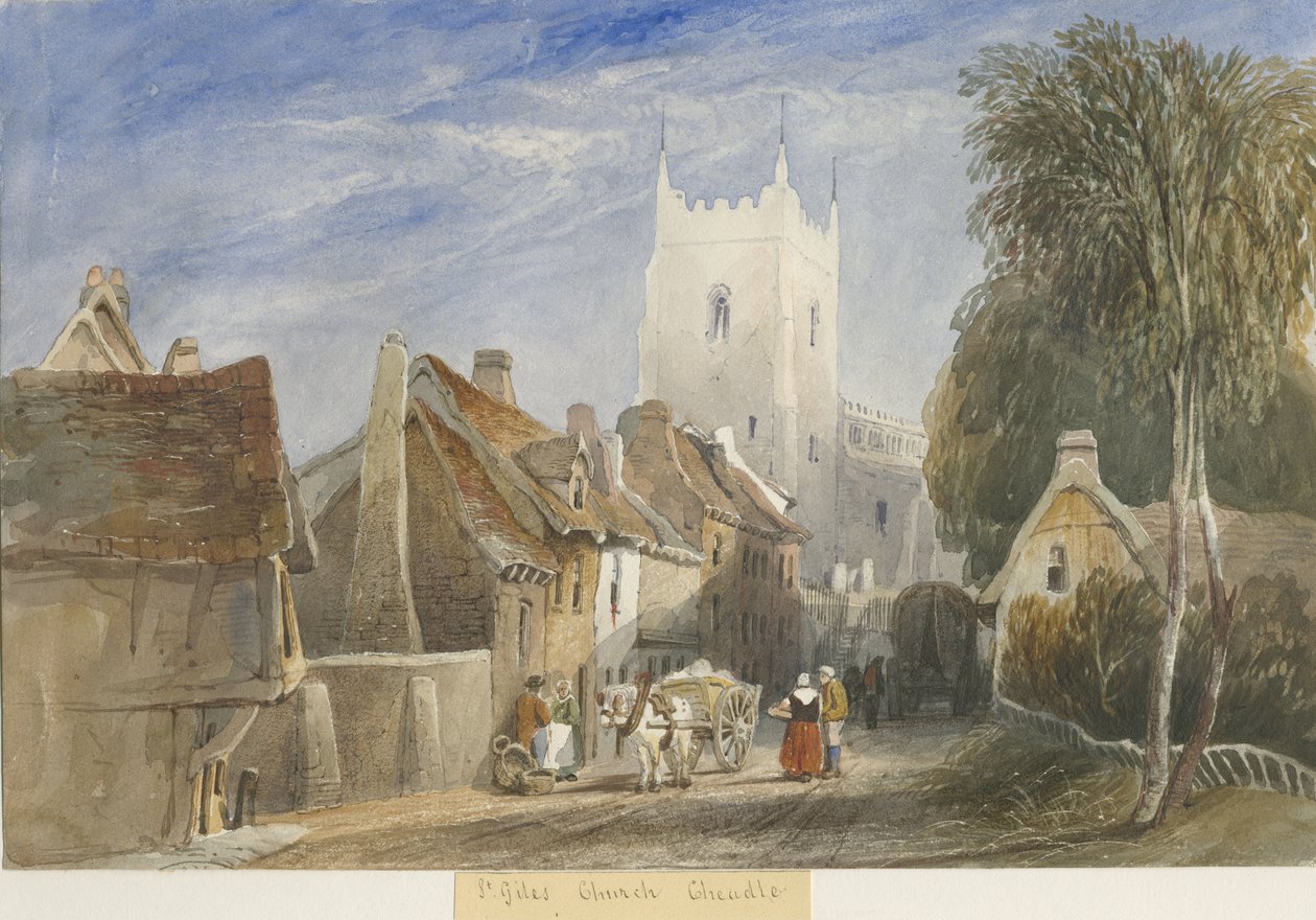 Cheadle Church: akvarelmaleri og [c 1830-1840] af Lewis John Wood
