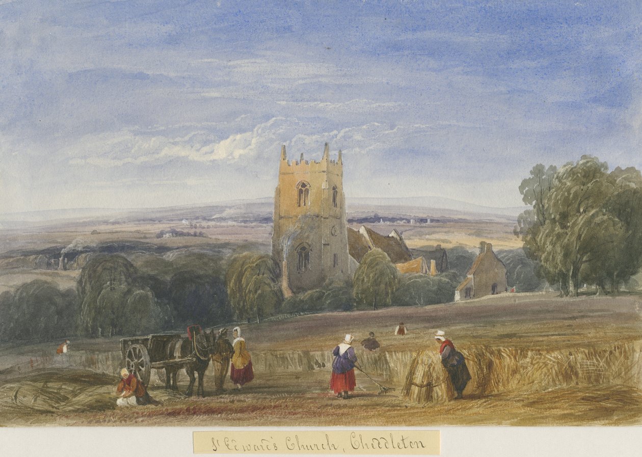 Cheddleton Church: akvarelmaleri og [c 1830-1840] af Lewis John Wood
