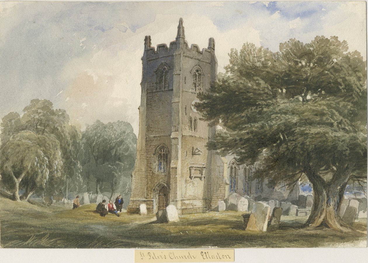Ellastone Church: akvarelmaleri, og [c 1830-1840] af Lewis John Wood