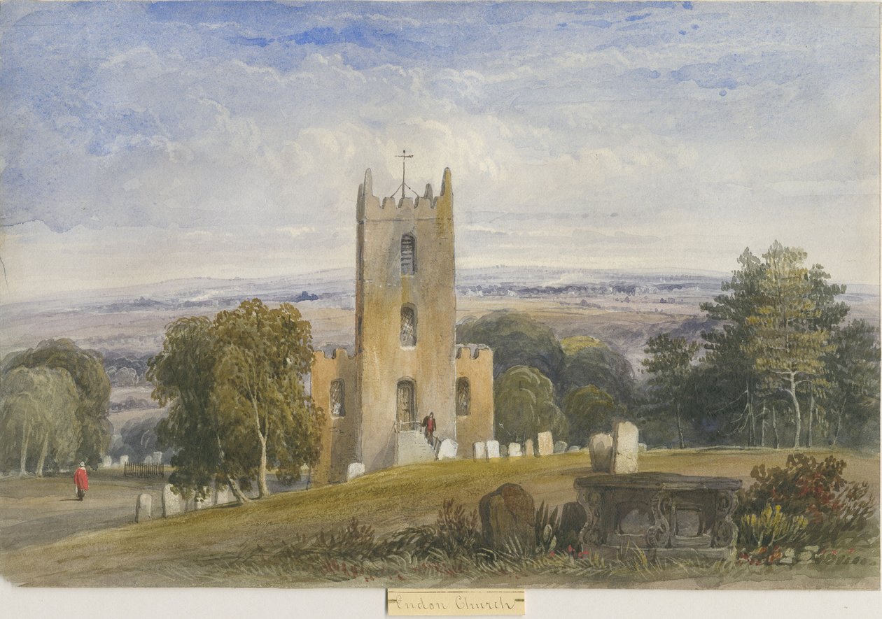 Endon Church: akvarelmaleri og [c 1830-1840] (maleri) af Lewis John Wood