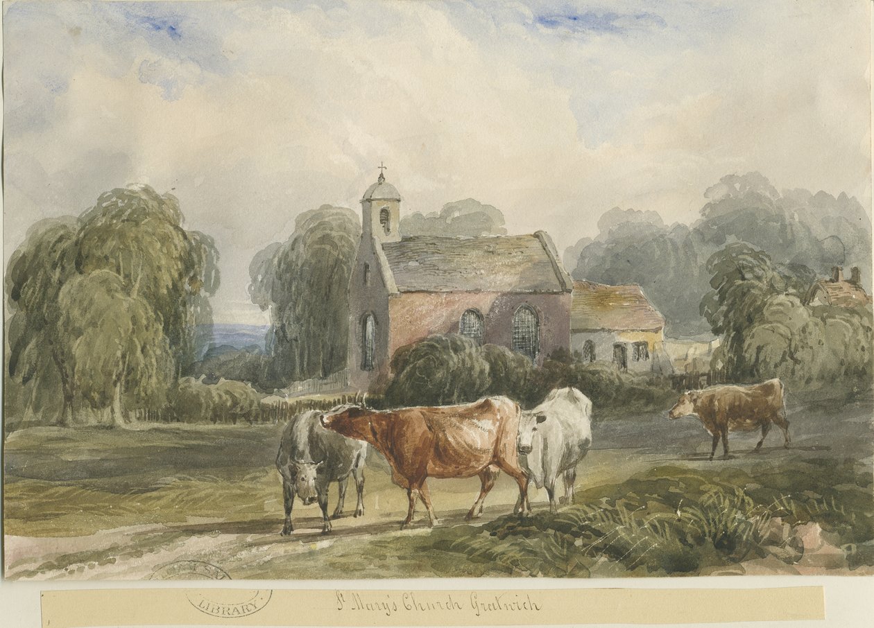 Gratwich Church: akvarelmaleri, og [c 1830-1840] af Lewis John Wood