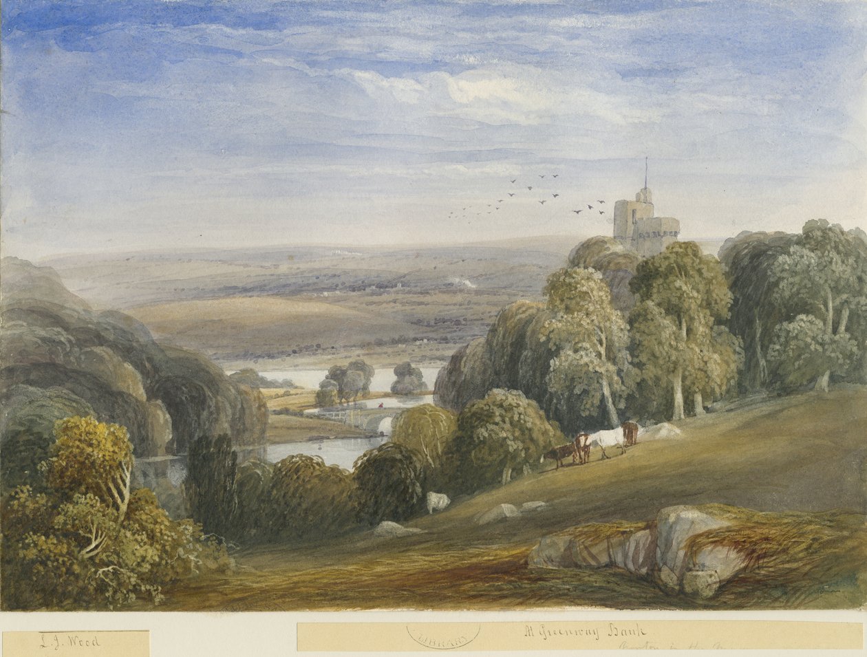 Greenway Bank - Lake: akvarelmaleri, og [c 1830-1840] af Lewis John Wood