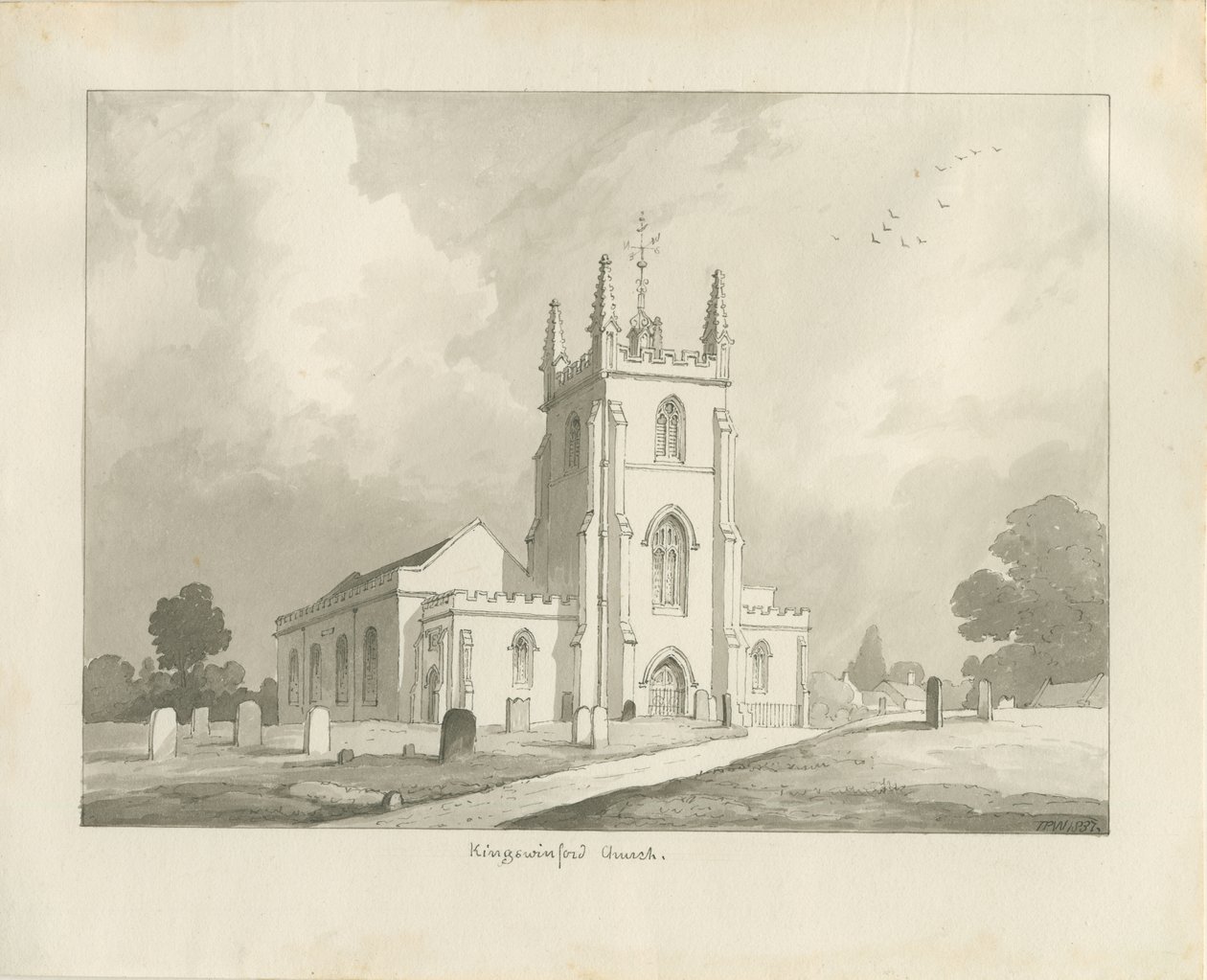 Kingswinford Church: sepia tegning, 1837 af Lewis John Wood