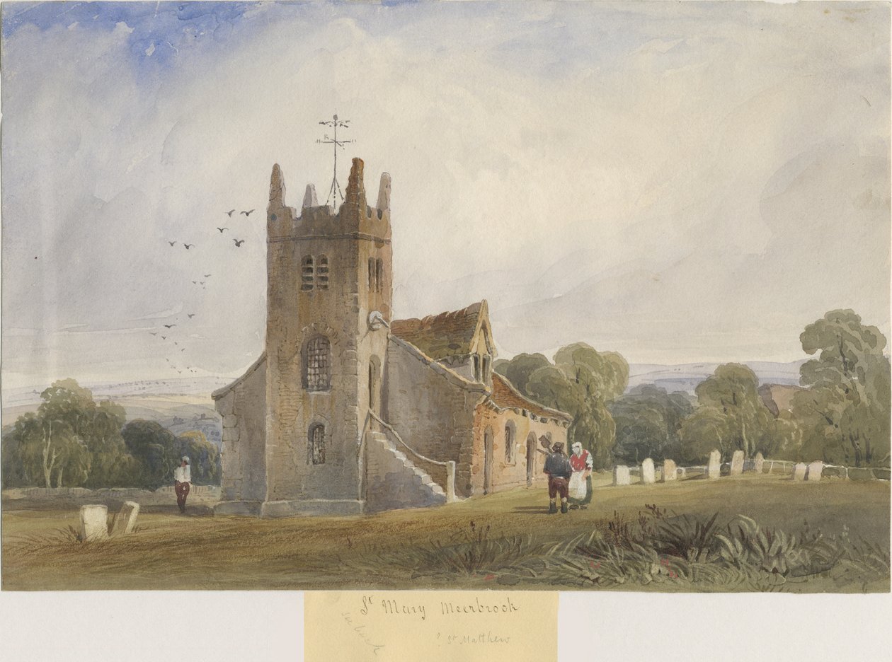 Meerbrook Church - "St. Matthews": akvarelmaleri, og [c 1830-1840] af Lewis John Wood