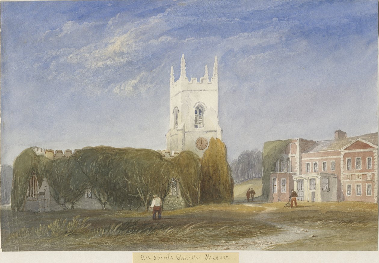 Okeover Church - "All Saints": akvarelmaleri, og [c 1830-1840] af Lewis John Wood