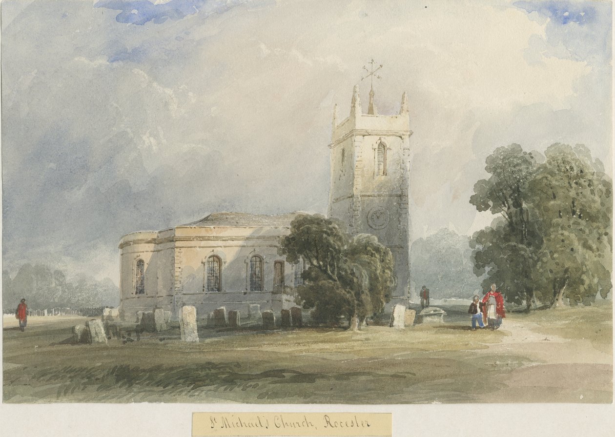 Rocester Church: akvarelmaleri, og [c 1830-1840] af Lewis John Wood
