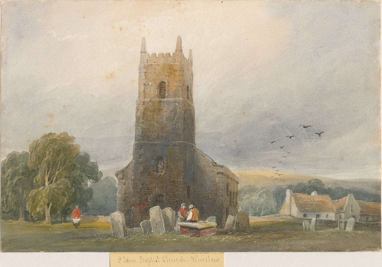 Warslow Church: akvarelmaleri og [c 1830-1840] af Lewis John Wood
