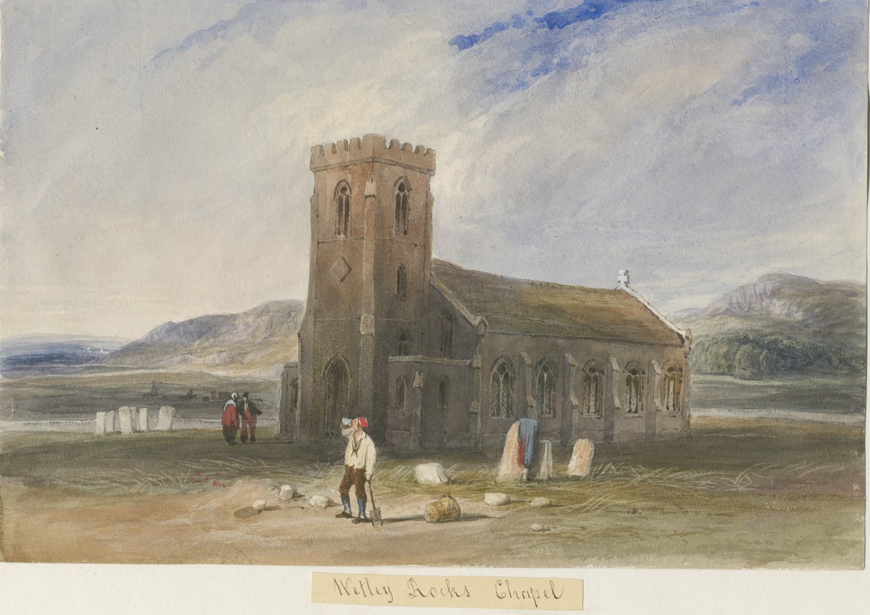 Wetley Rocks - Chapel: akvarelmaleri, og [c 1830-1840] af Lewis John Wood