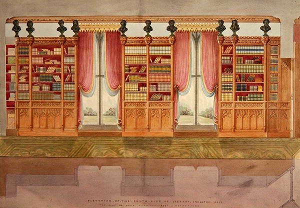 Højde på sydsidens bibliotek, Snelston Hall, Derbyshire (pen, blyant, blæk og akvarel på papir) af Lewis Nockalls Cottingham
