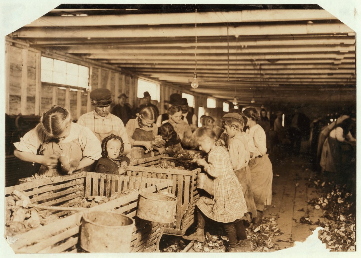 Rosy på 8 år arbejder en 14 timers dag som østers-shucker på Dunbar Cannery, Louisiana, 1911 af Lewis Wickes Hine