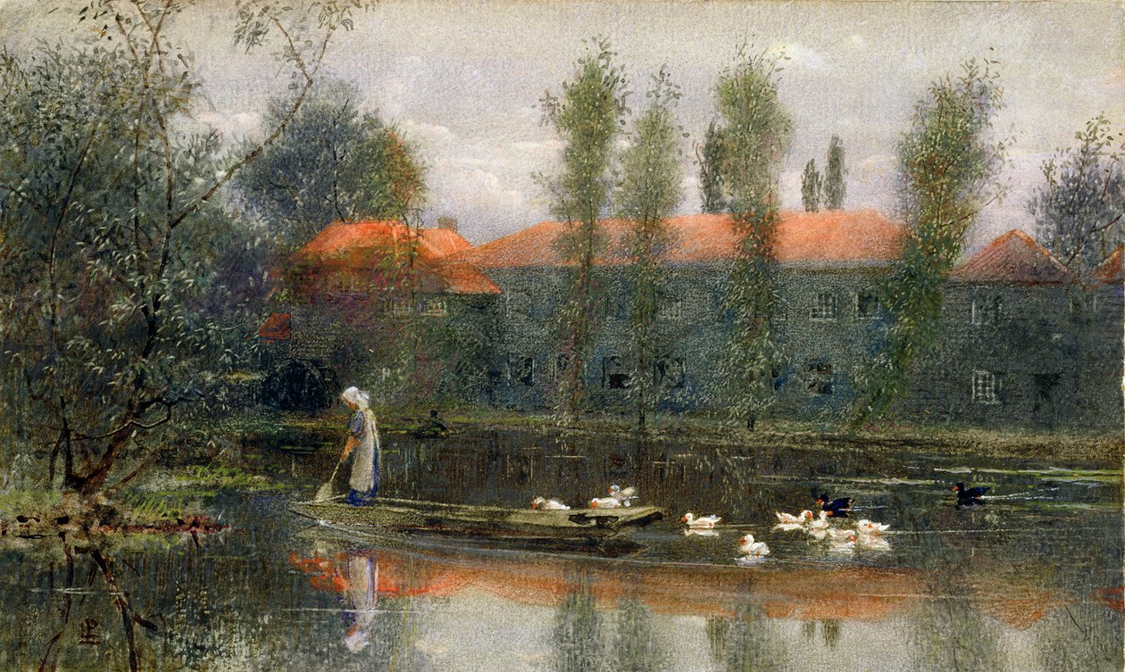 The Pond of William Morris Works at Merton Abbey (wc og gouache på papir) af Lexden L. Pocock