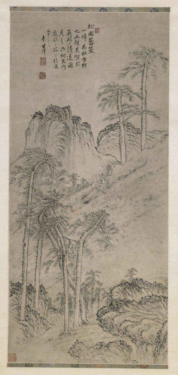 Walking with Staffs on a Pine Hill, Qing-dynastiet, ca. 1760 (blæk på papir) af Li Shizuo