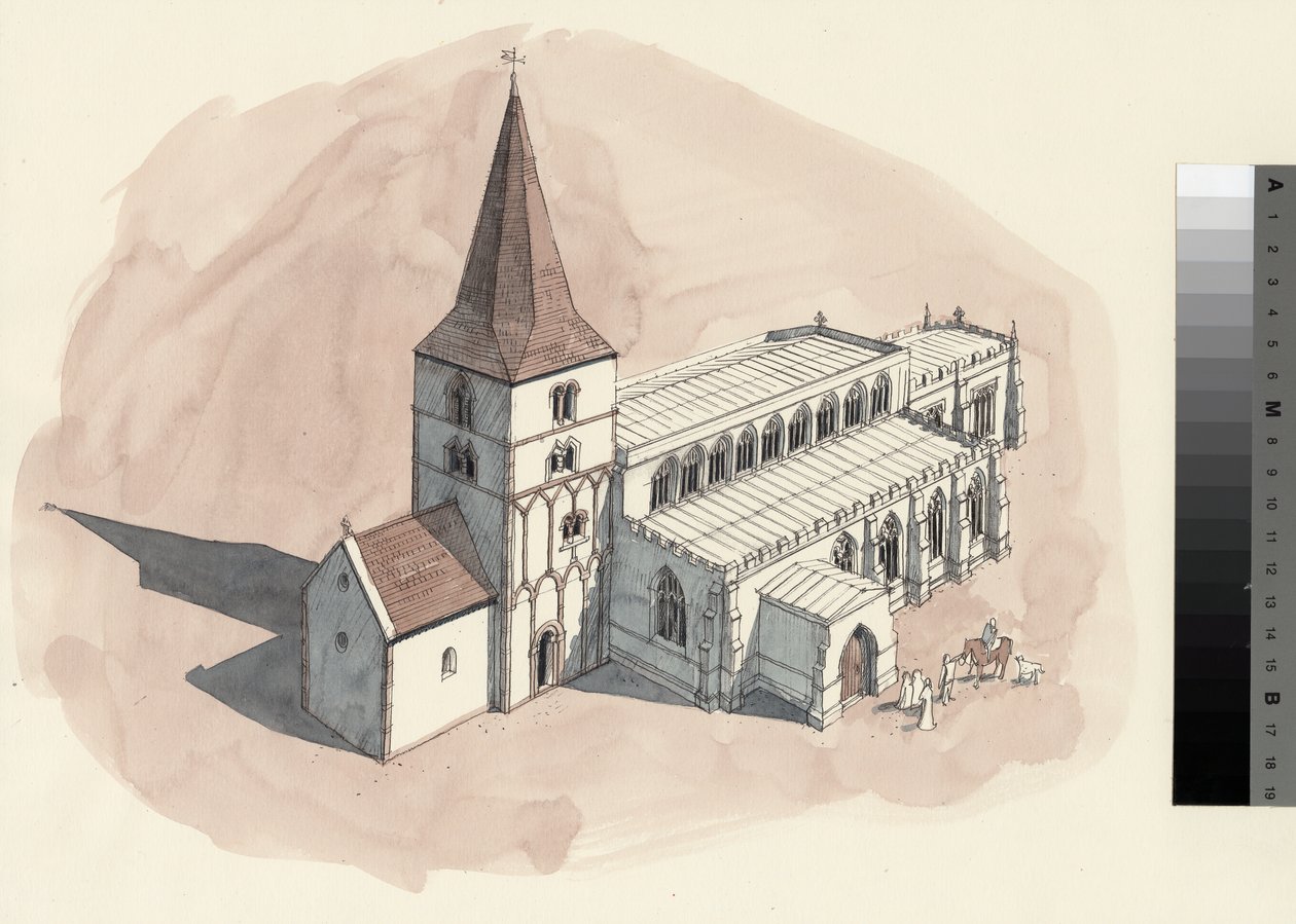 Rekonstruktionstegning af Peterskirken i det 15. århundrede (akvarel på papir) af Liam Wales