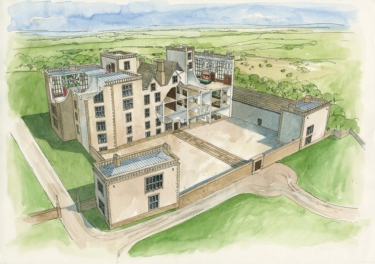 Rekonstruktion af Hardwick Old Hall i 1620 (akvarel på papir) af Liam Wales