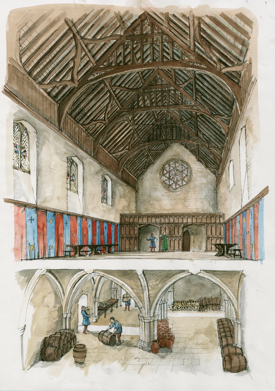 Rekonstruktion af Winchester Palace fra middelalderen (akvarel på papir) af Liam Wales
