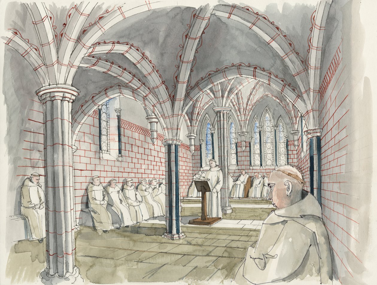 Rekonstruktion af kapitelhuset på Shap Abbey ca. 1530 (akvarel på papir) af Liam Wales