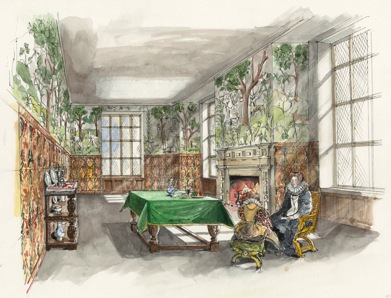 Rekonstruktion af skovens store kammer på Hardwick Old Hall i 1601 (akvarel på papir) af Liam Wales