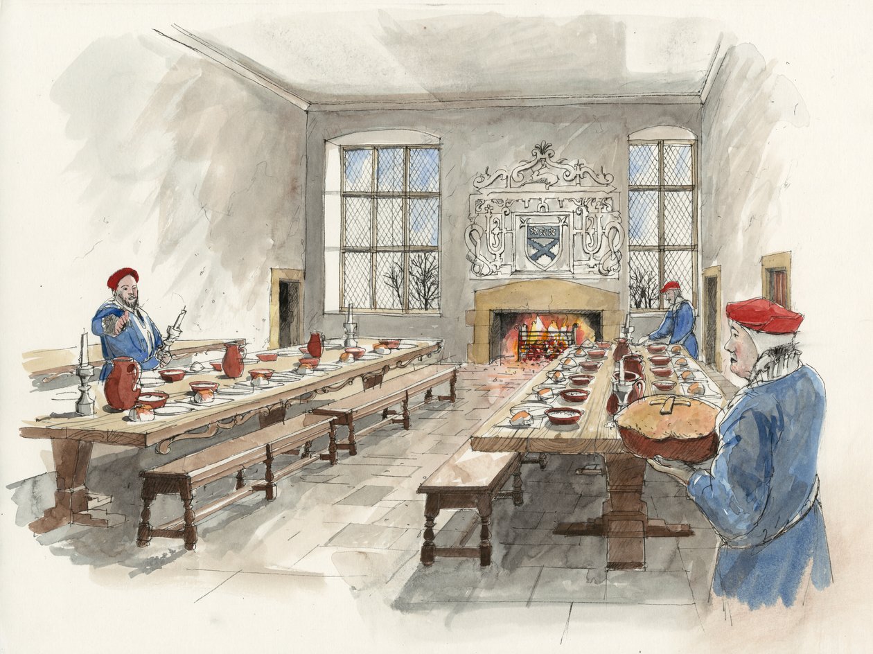 Rekonstruktion af den store sal på Hardwick Old Hall i 1601 (akvarel på papir) af Liam Wales