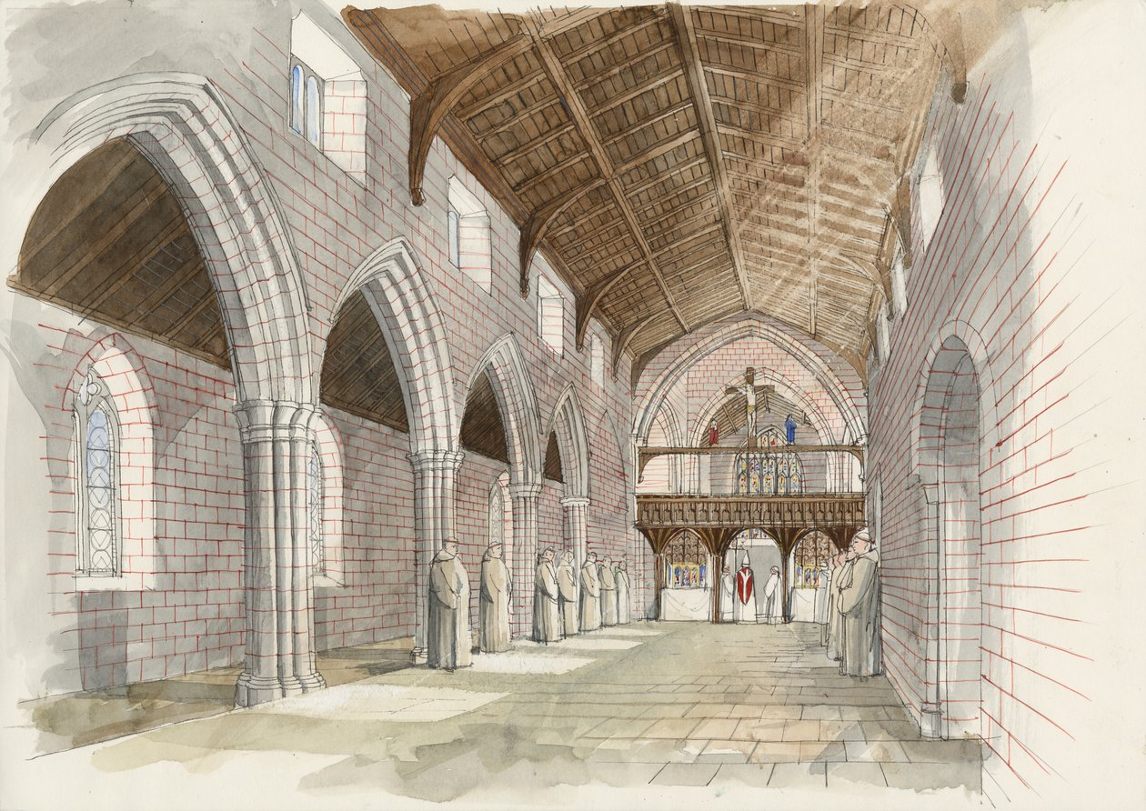 Rekonstruktion af klosterkirkens skib i Shap Abbey ca. 1530 (akvarel på papir) af Liam Wales