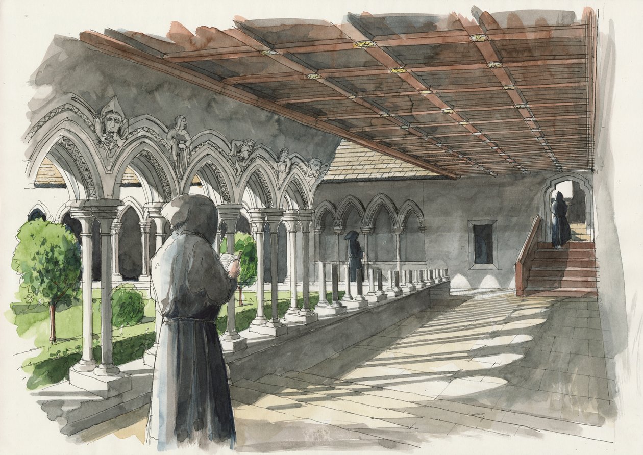 Rekonstruktion af klosteret på Lanercost Priory (akvarel på papir) af Liam Wales