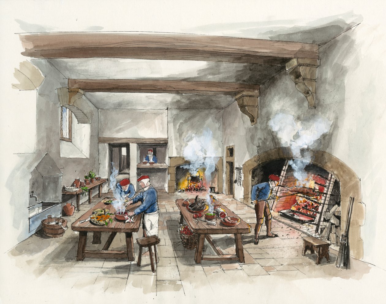 Rekonstruktion af køkkenet på Hardwick Old Hall i 1601 (akvarel på papir) af Liam Wales