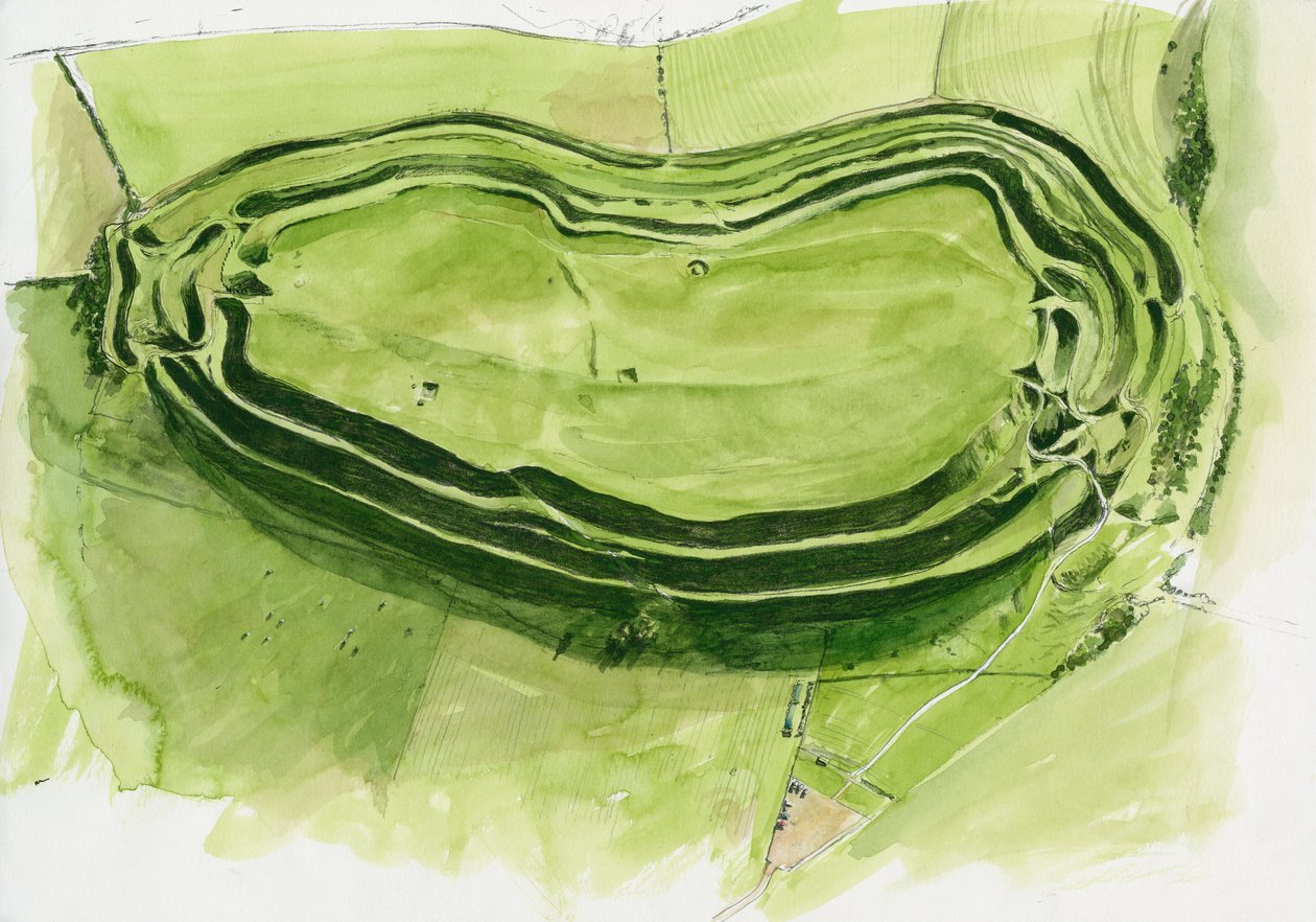 Resterne af Maiden Castle (akvarel på papir) af Liam Wales