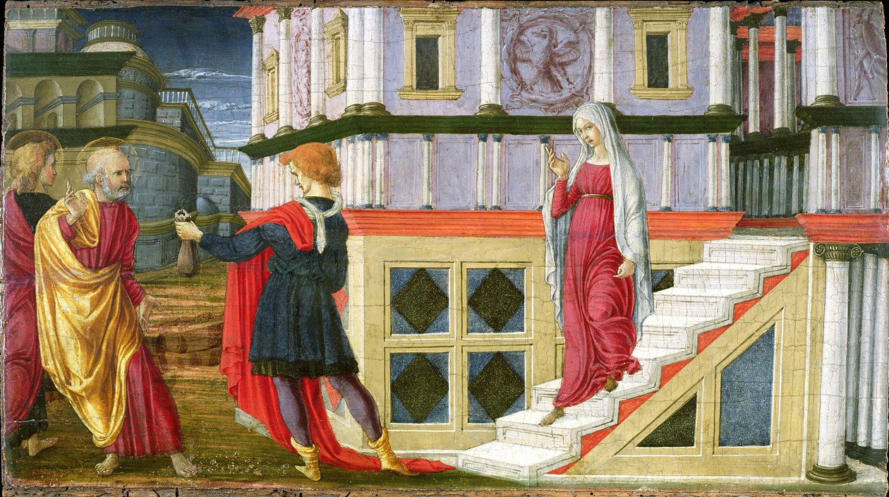 Simon Magus tilbyder St. Peter penge, 1470-75 (tempera på panel) af Liberale da Verona