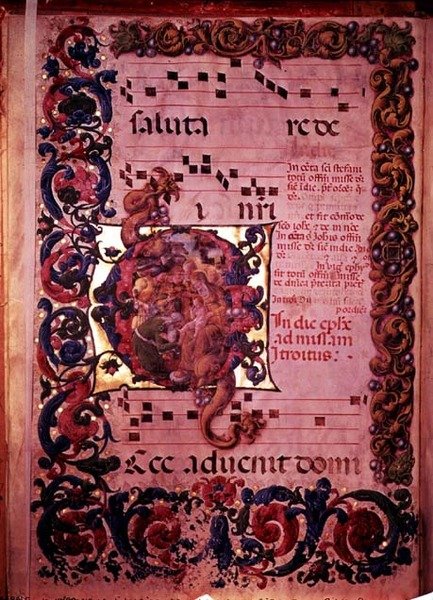 Side med musik med et historisk initialt G, der viser tilbedelsen af magi, fra en antifonal, ca. 1473-79 af Liberale da Verona