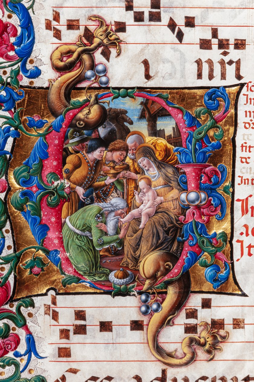 Piccolomini Bibliotek: korbog, torsk. 19.4, ff. 9v med "Adoration of the Magi", af Liberale da Verona (ca. 1445 - 1527/9). Detalje. af Liberale da Verona