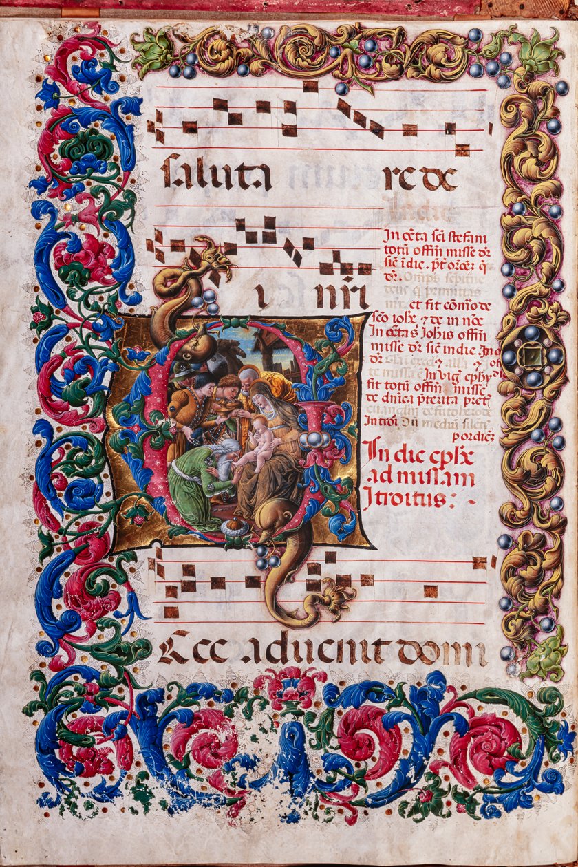 Piccolomini Bibliotek: korbog, torsk. 19.4, ff. 9v med "Adoration of the Magi", af Liberale da Verona (ca. 1445 - 1527/9). af Liberale da Verona