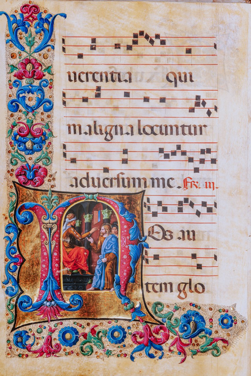 Piccolomini Bibliotek: korbog, torsk. 22.7, ff. 22v med "Kristus før Pilatus", af Liberale da Verona (ca. 1445 - 1527/9). af Liberale da Verona