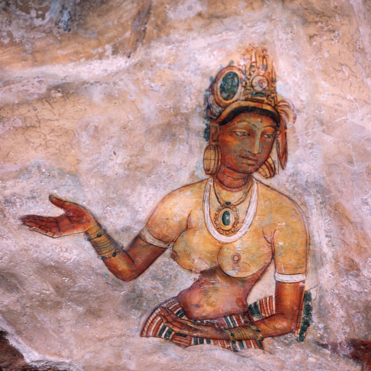Apsaras, himmelsk nymfe, der giver et offer, fresko, befæstet citadel af Sigiriya (UNESCOs verdensarvsliste af Unbekannt Unbekannt