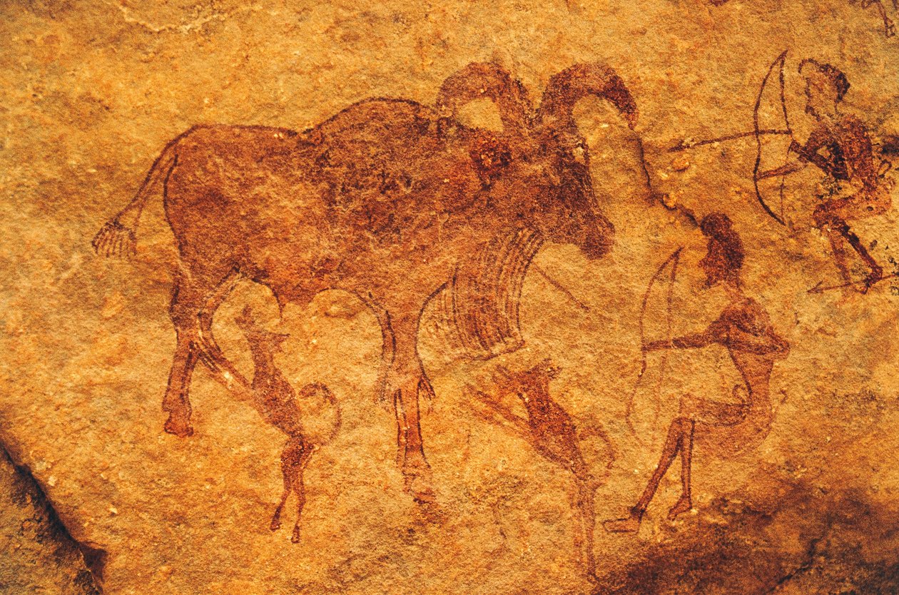 Bueskytter, hunde og hovdyr, hulemaleri, Tassili n