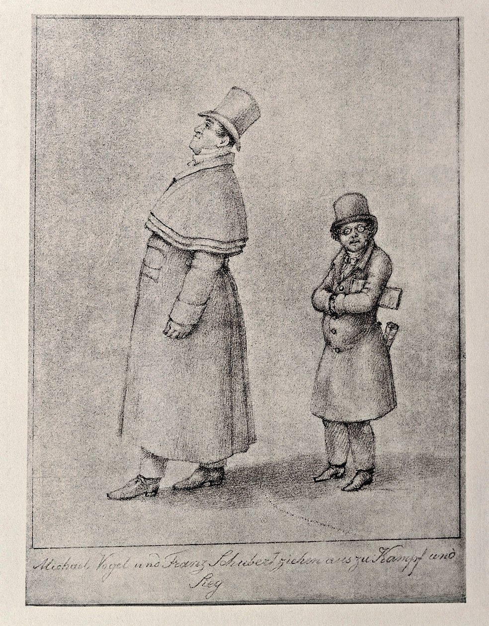 Østrig, Wien, karikatur af den østrigske barytonsanger Johann Michael Vogl og komponisten Franz Peter Schubert, ca. 1825, blyantstegning af Unbekannt Unbekannt