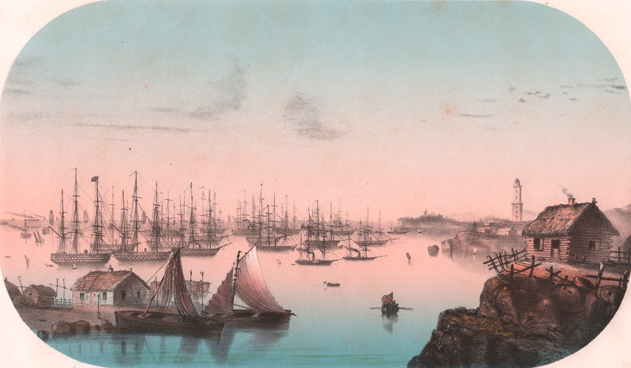 Baltic Fleet i Baro Sund, Finland, farvelitografi, 29x20 cm, fra Episodes de la guerre d