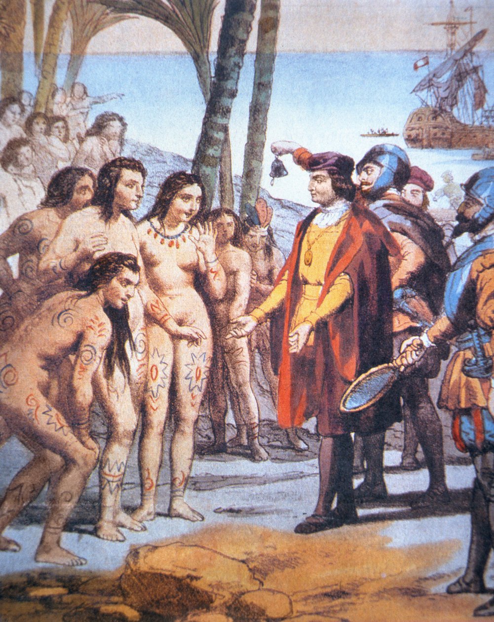 Christopher Columbus lander i den nye verden i 1492 og bliver mødt af Taino-indianere (farve litho) af Unbekannt Unbekannt