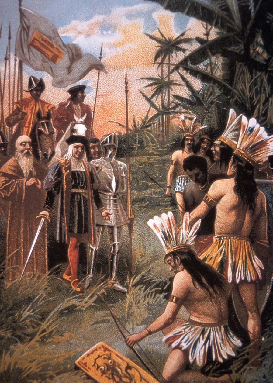 Columbus lander i den nye verden og møder indianerne af Unbekannt Unbekannt
