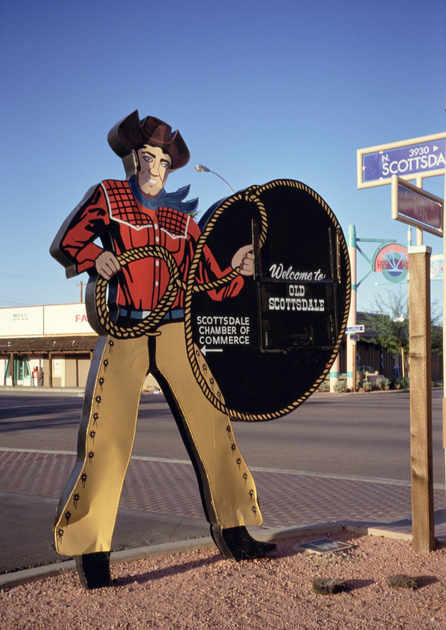 Skilt med cowboyfigur, der byder turisterne velkommen til Scottsdale, Arizona (foto) af Unbekannt Unbekannt