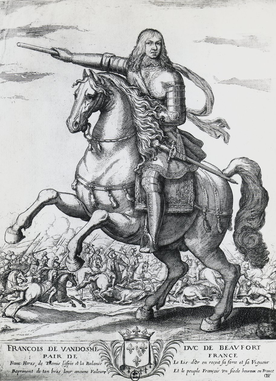 Rytterportræt af Frans af Bourbon-Vendome (1616-1669), anden hertug af Beaufort og fransk general, gravering af Nicolas de La Fage (1600?-1655) af Unbekannt Unbekannt