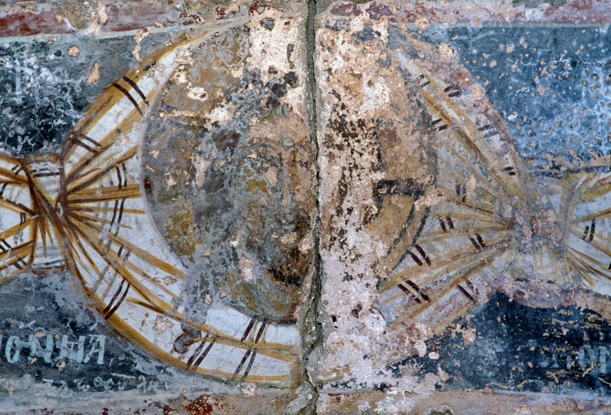 Kristi ansigt, beskadiget freskomaleri i kirken Metamorphosis Sotiros, Voutas, Kreta, Grækenland (foto) af Unbekannt Unbekannt